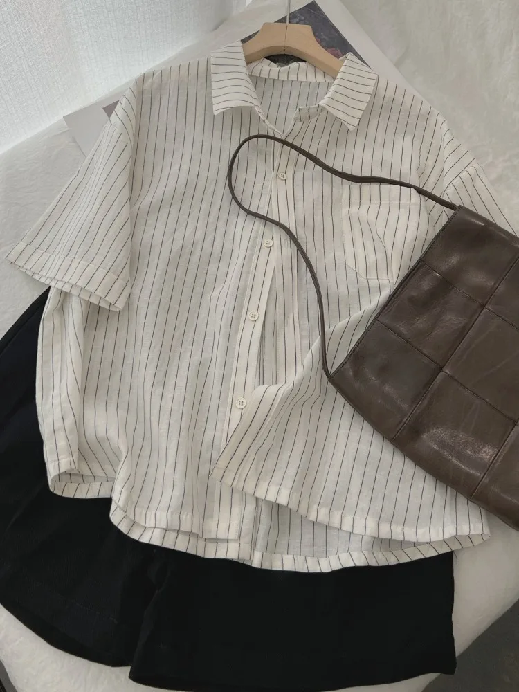 

Новый летний женский полосатый хлопковый свободный крой ort Sve irt с отложным воротником, универсальный топ Pear Ape Fit, повседневная одежда