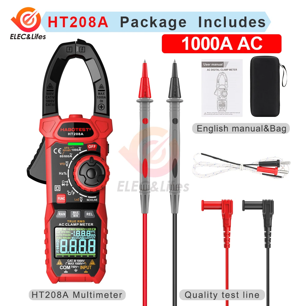 HT208A  HT208D Digital Clamp Multimeter 1000A 1000V AC DC Voltage Inrush Current Pliers Voltmeter Ammeter VFD Low-Z Multitester