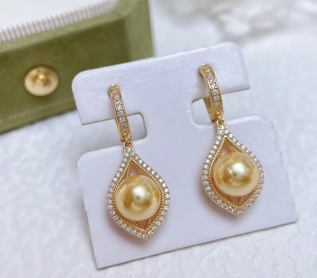 New Pearl Earrings AAAA7-8mm Nanhai Gold Pearl+Grey Pearl Water Drop Earrings 925s