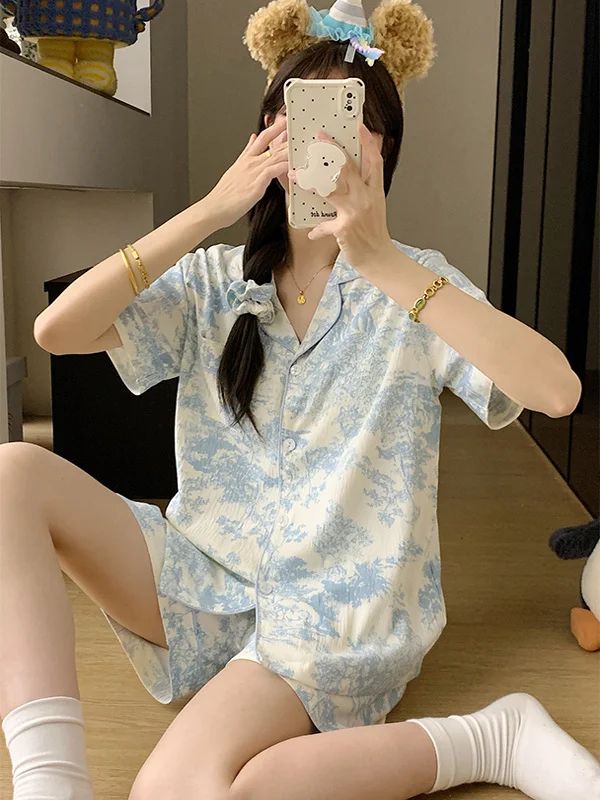 

Summer Cloud Cotton ort Sve Long Pants Spwear Women's Inteated Design with Chest Pad Blue Tee-piece Set Home Comfort