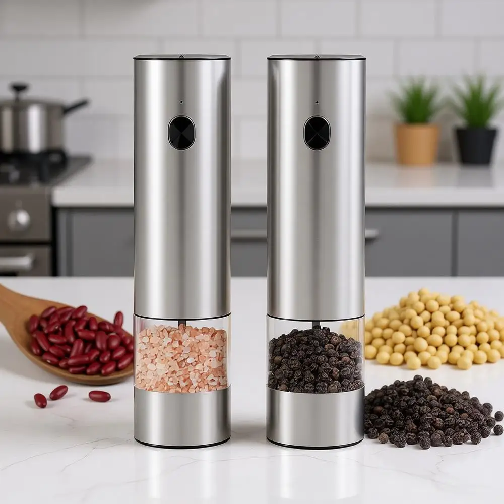 

Электрические мельницы для перца и соли на батарейках — регулировка степени помола одной рукой, LED-подсветка, прозрачные контейнеры, легкая заправка.