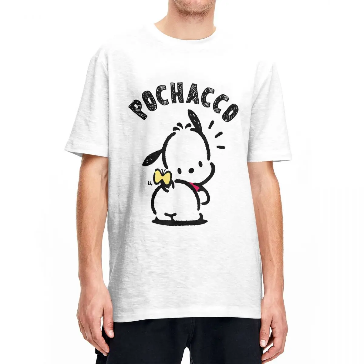 Men Women's T-Shirts Pochacco Backside Logo Funny 100% Cotton Tee Shirt Short Sleeve T Shirts Round Collar Tops Plus Size