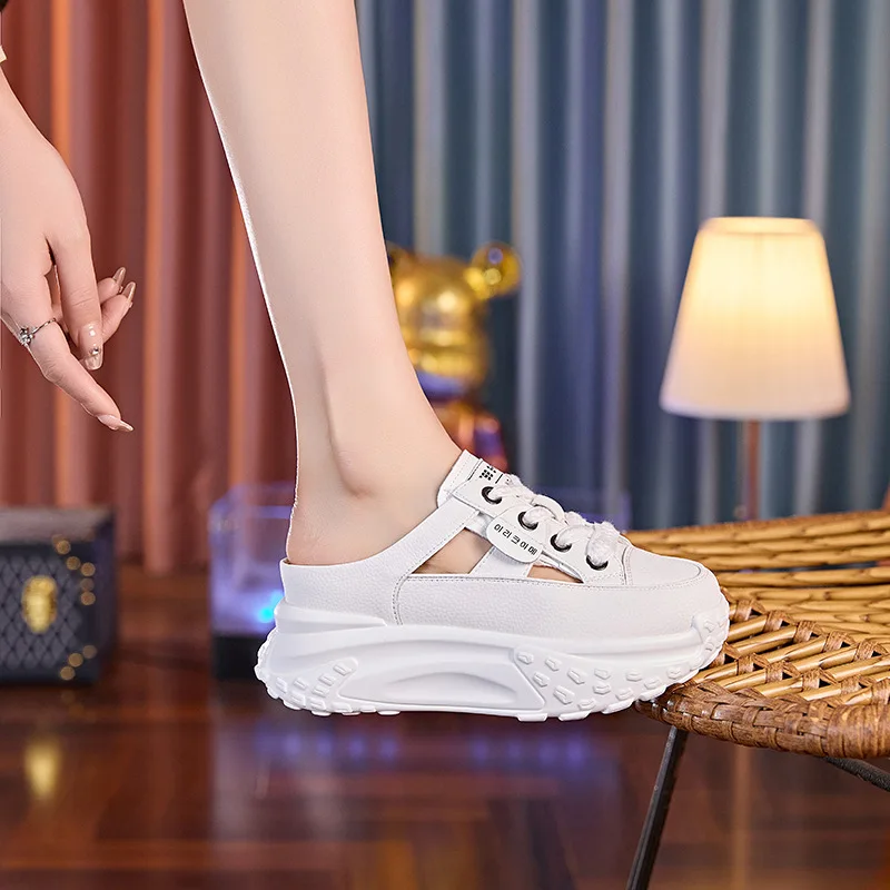 Fujin 7cm Air Mesh Cow Genuine Leather Women Casual Platform Wedge Slippers Hollow Sandals Summer Shoes Chunky Sneaker High Heel