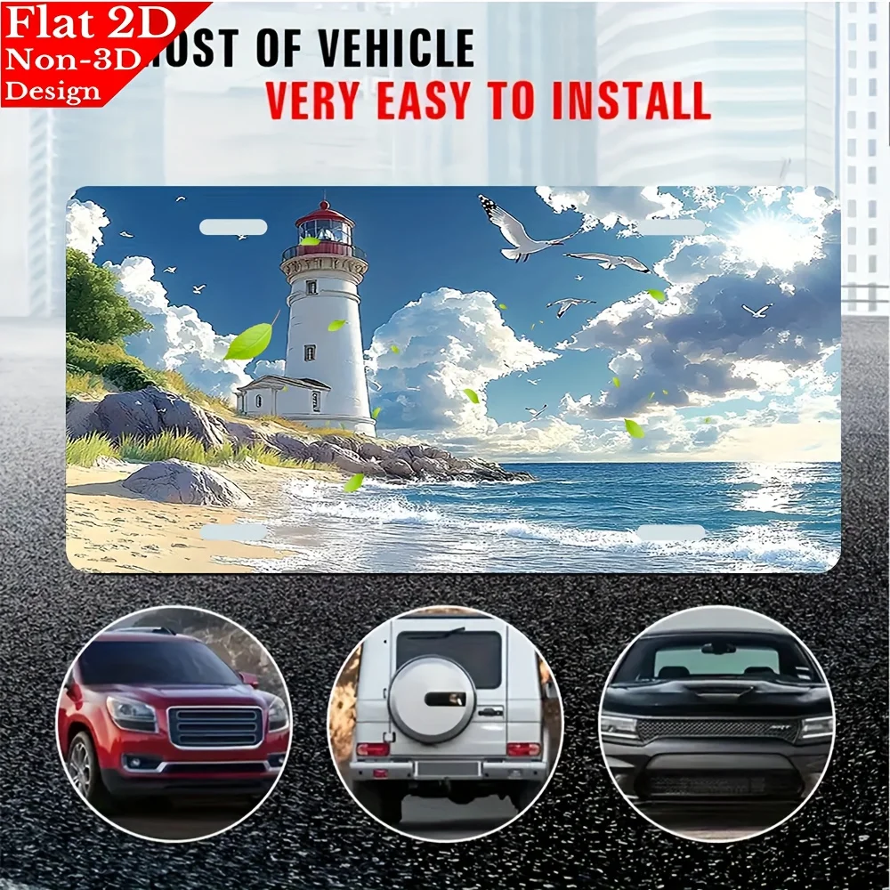 2D flat, 1pc Sunny coastal lighthouse landscape Aluminum License Plate, 6x12in Scratch-resistant UV Printing, Decorative Car Fro