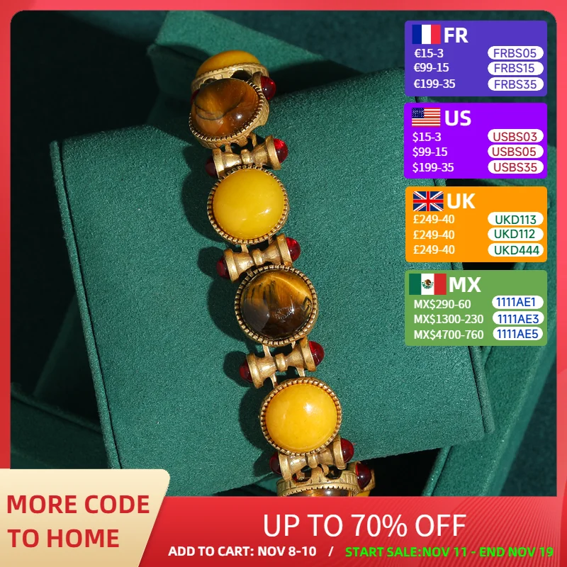 

Vintage Tiger Eye Stone Bracelet Natural Honey Wax Yellow Bamboo Knot 18k Gold Color Bangle Jewelry Antique Accessories For Wome