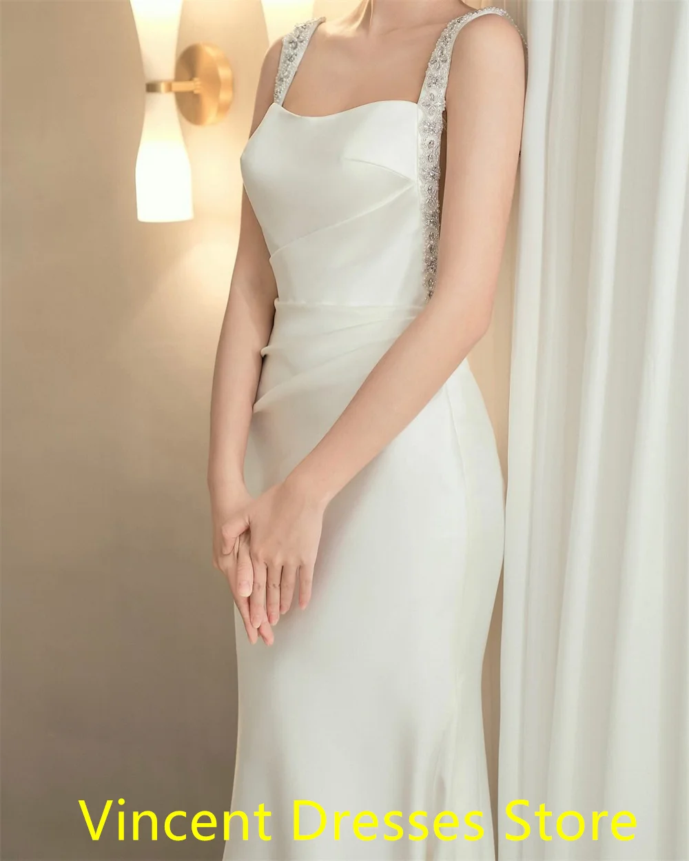 Personalizado sereia vestido de noite elegante camisa branca gola quadrada vestido de casamento clássico boné manga tribunal trem vestidos de noiva