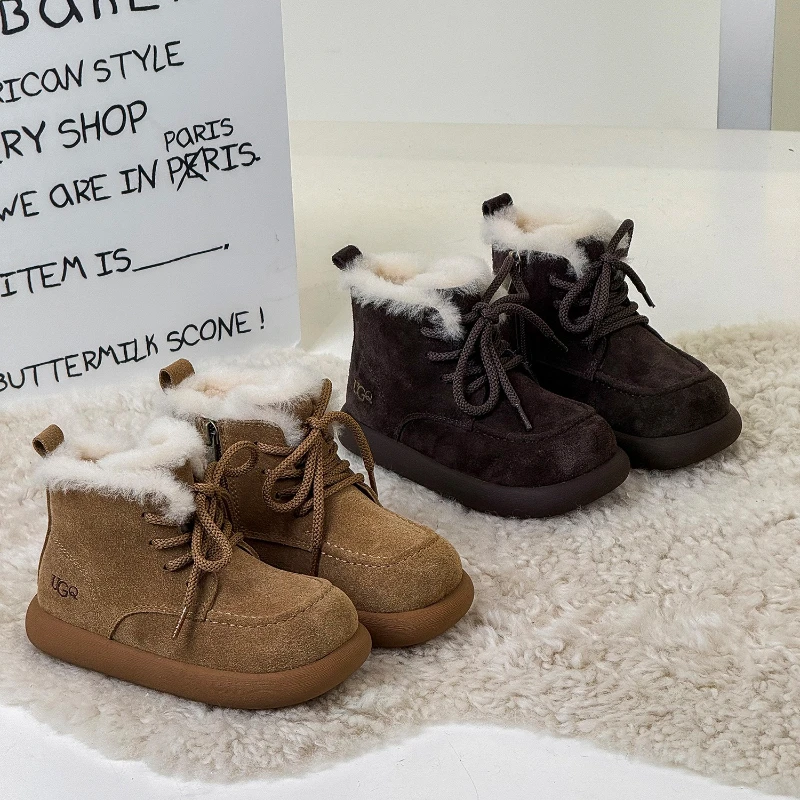الشتاء الأطفال بنين بنات تنوعا متجمد الجلود زائد المخملية الدافئة أحذية بوت قصيرة أطفال طفل الجلد المدبوغ الأحذية القطنية الدافئة #3