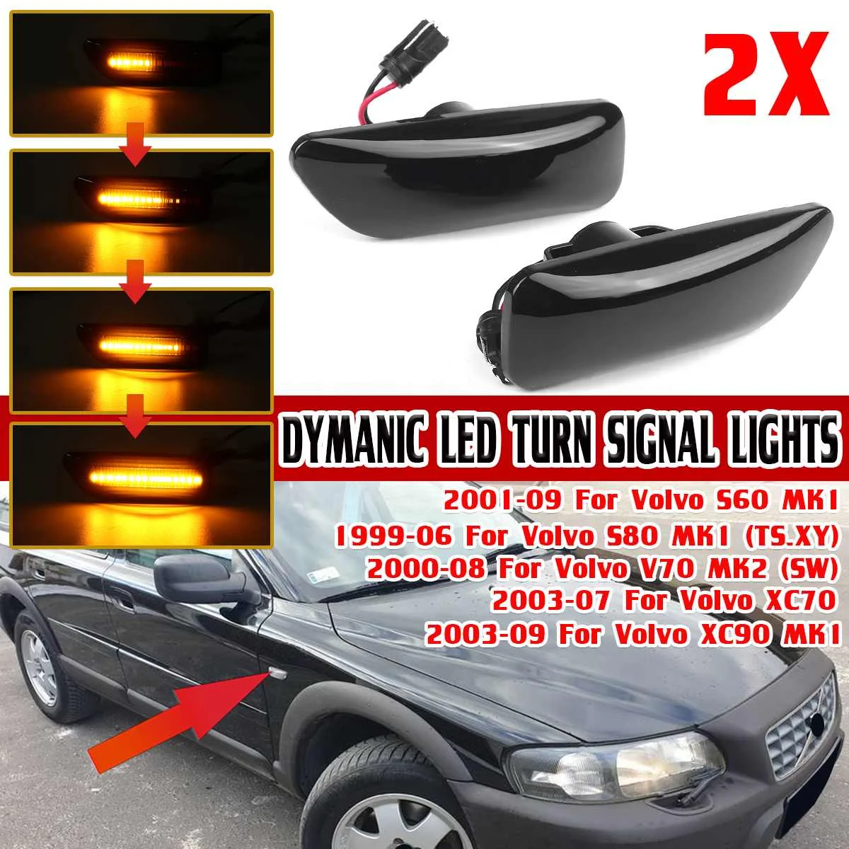 2x Dynamic LED Side Marker Repeater Light For Volvo XC90 S80 XC70 V70 S60 MK1 2 2001-2009 Turn Signal Lights Lamp 2000 2003 2006