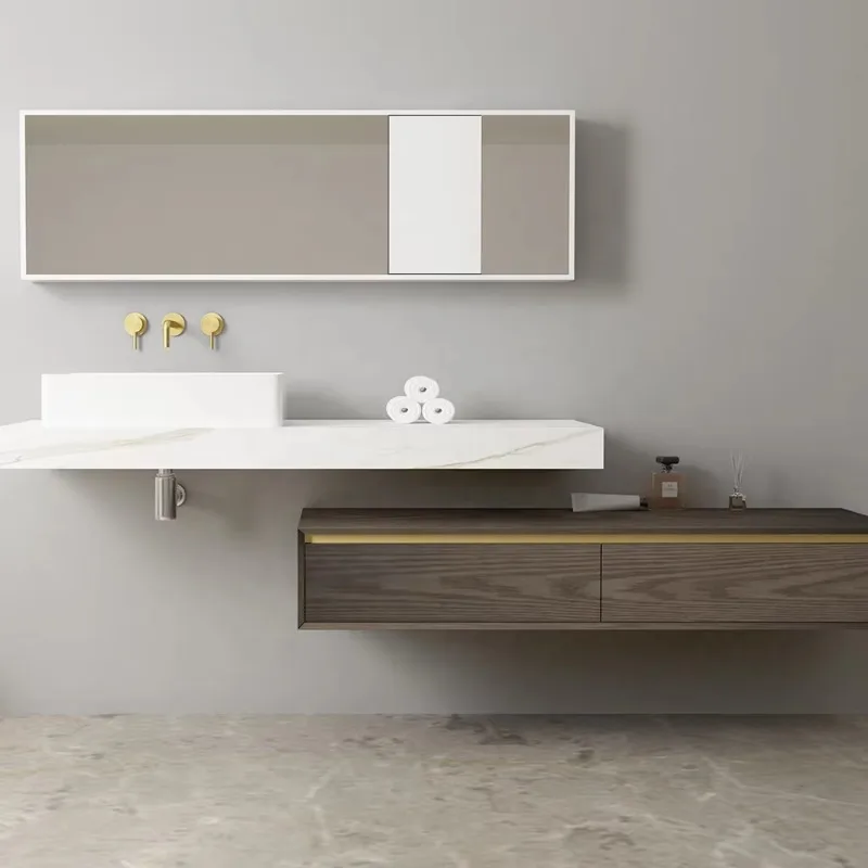 

Luxury hotel wall-mounted single sink bathroom vanity solid wood resin countertop luminous mirror bathroom cabinet