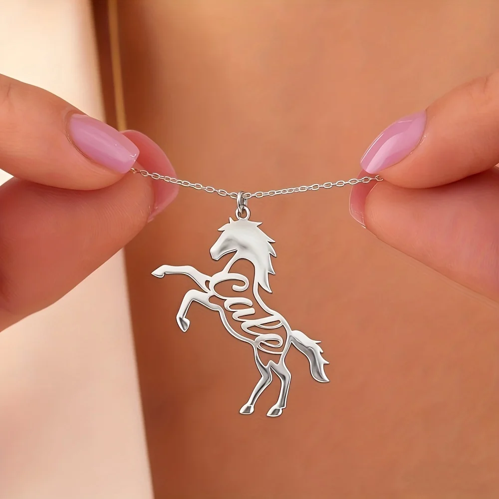 Custom Equestrian Pesade Name Necklace, Personalized Nameplate Horse Necklace, Stainless Steel Western Cowgirl Necklace