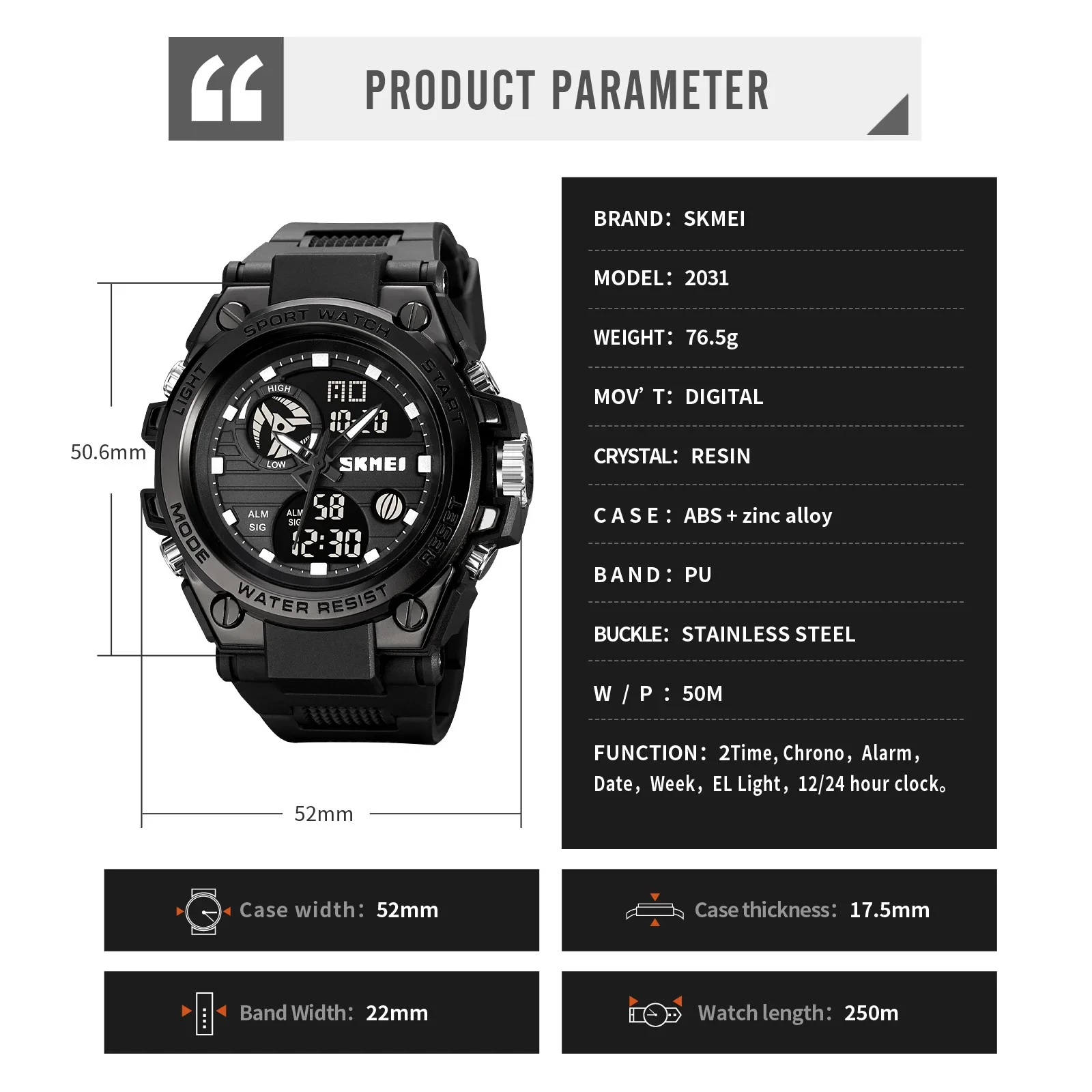 SKMEI 2031 Mens Multifunction Chrono Date 5Bar Waterproof Wristwatch reloj hombre Japan Digital movement Back Light Sport Watche