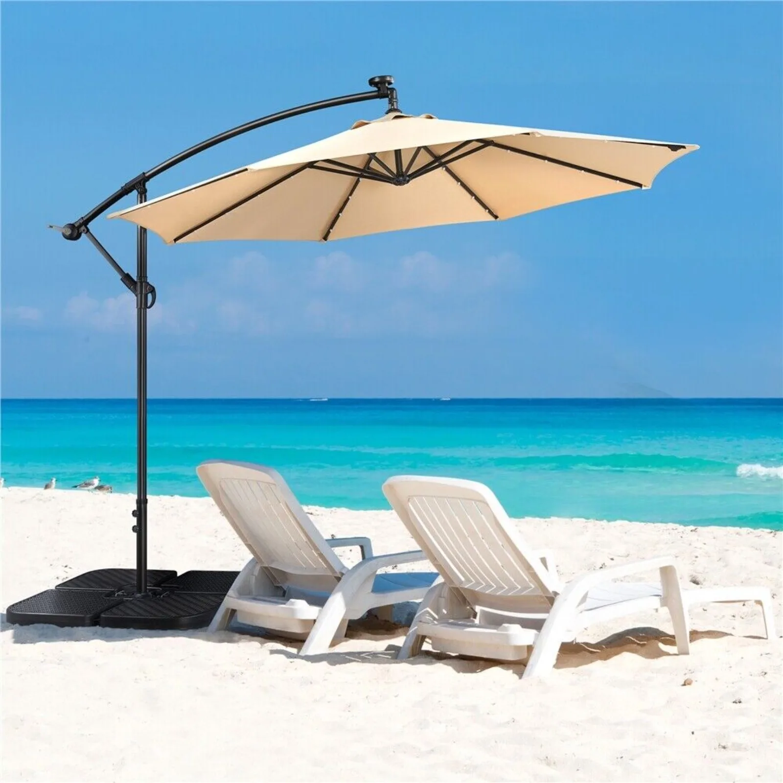 

US 10Ft Patio Offset Umbrella with 32 LED Lights Outdoor Hanging Cantilever Parasol