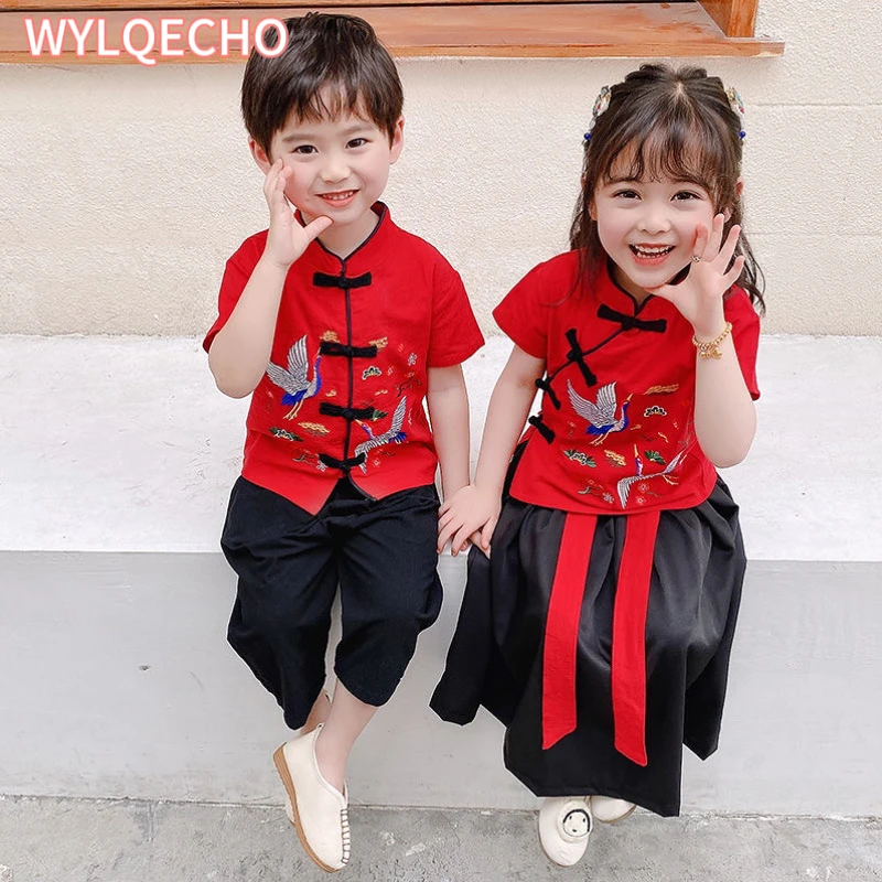 2Pcs Traditional Chinese New Year Costumes Clothes for Kids Spring Festival Tang Suit Girl Boy Sets Short Sleeve Top+Pants+Skirt