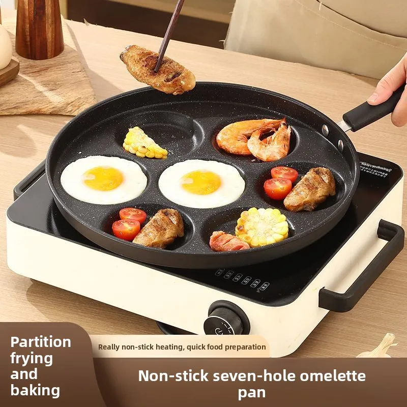 Sartén antiadherente de siete orificios con piedra Maifan para uso doméstico, adecuada para huevos, hamburguesas, desayuno y cocinas de inducción
