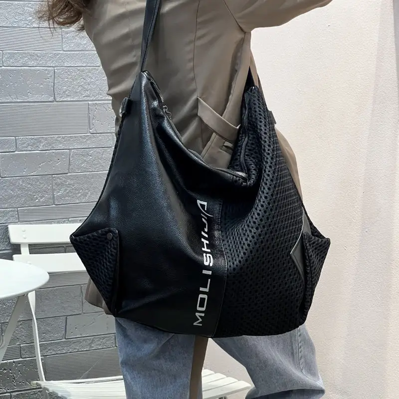 Large-capacity Tote Bag Women Mesh with Cowhide Top Handle Handbag Women Crossbody Bag Female Simple Shoulder Bag