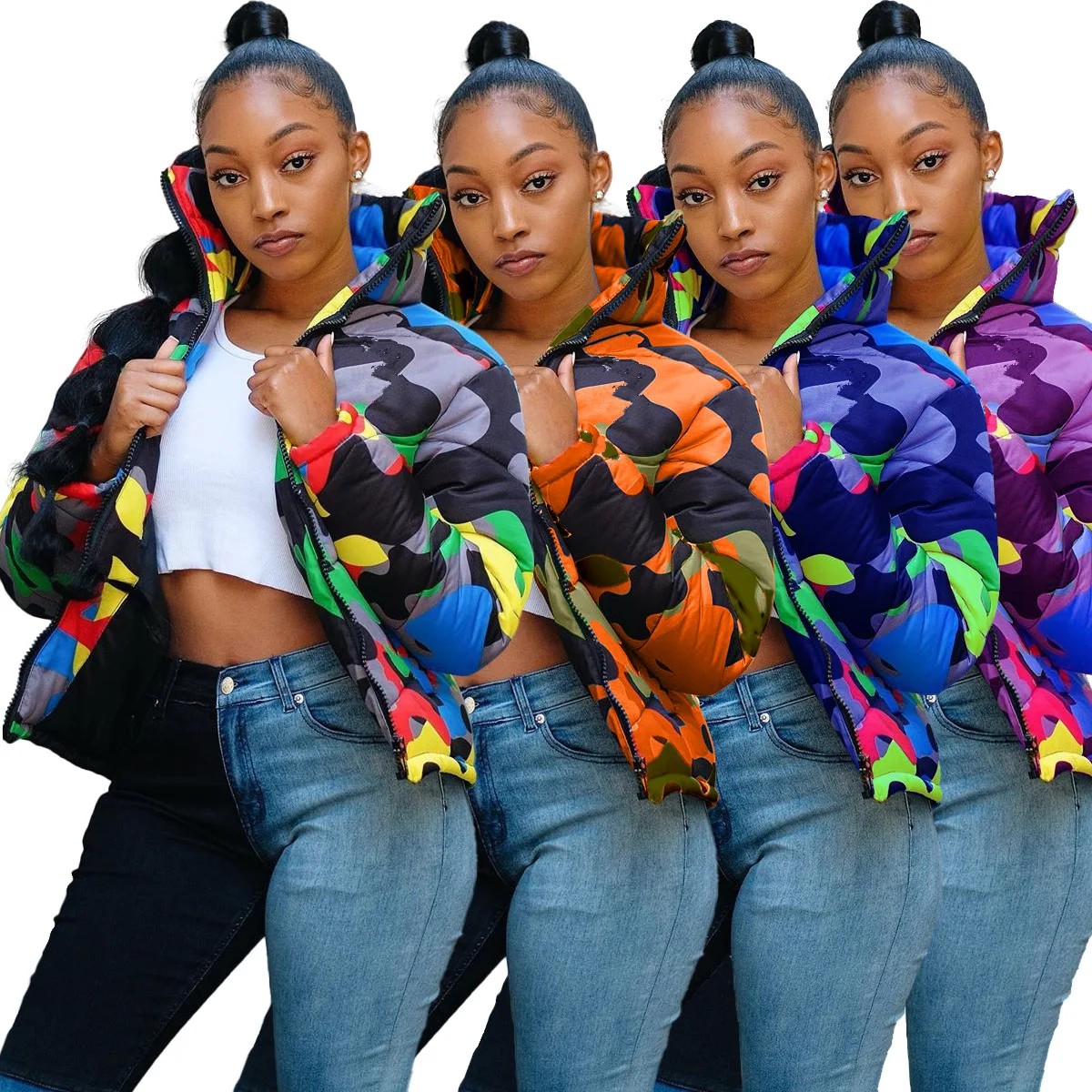 

Hot Fashion Camouflage Printed Winter Jacket for Women Dyeing Bread Jacket Down Cotton Parka Coat Female Varsity Overcoat