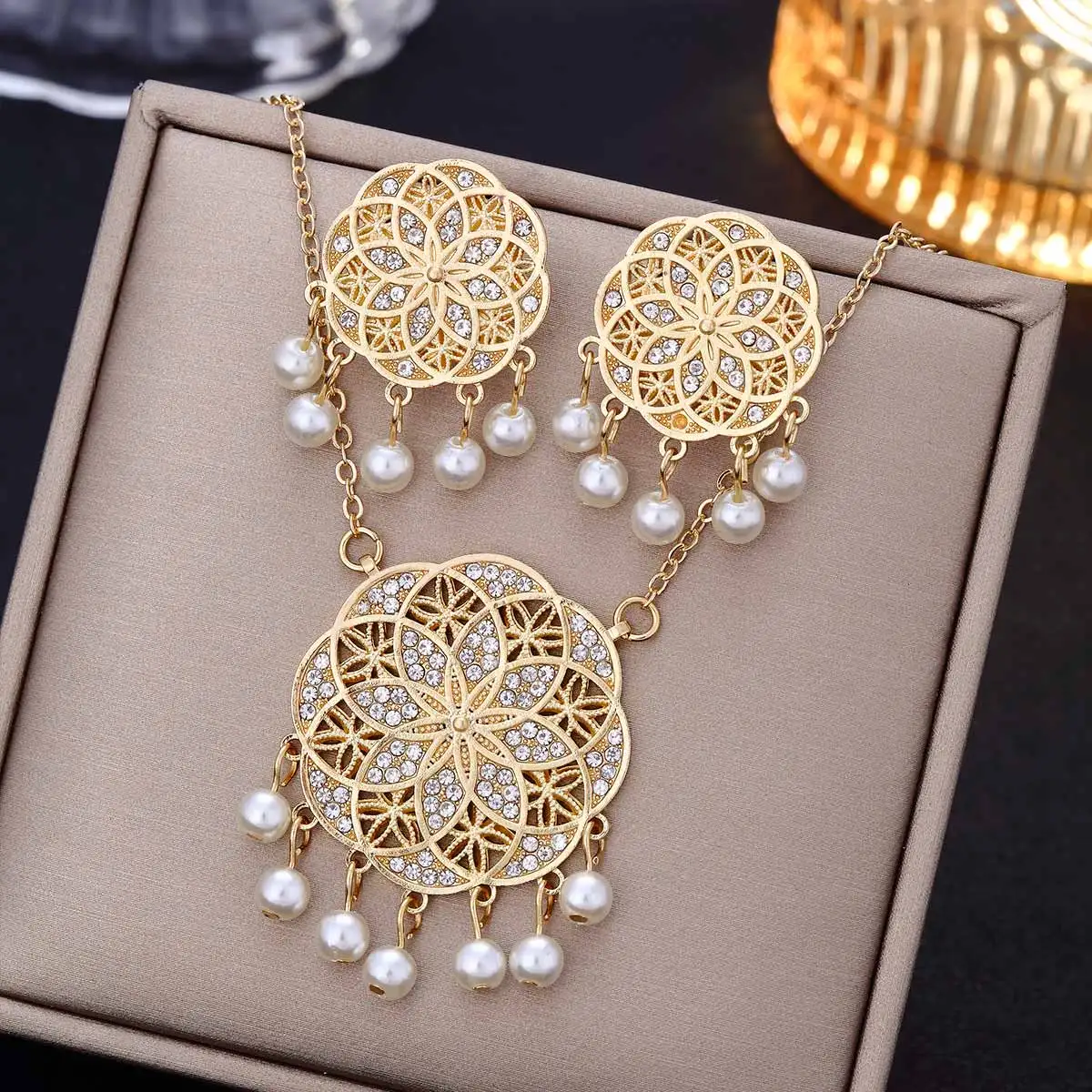 African Beads Jewelry Sets Carve Rhinestone Geometric Statement Necklace Earrings Set Classic Indian Crystal Bridal Jewelry Set