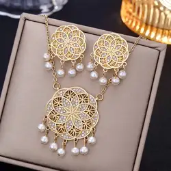 African Beads Jewelry Sets Carve Rhinestone Geometric Statement Necklace Earrings Set Classic Indian Crystal Bridal Jewelry Set