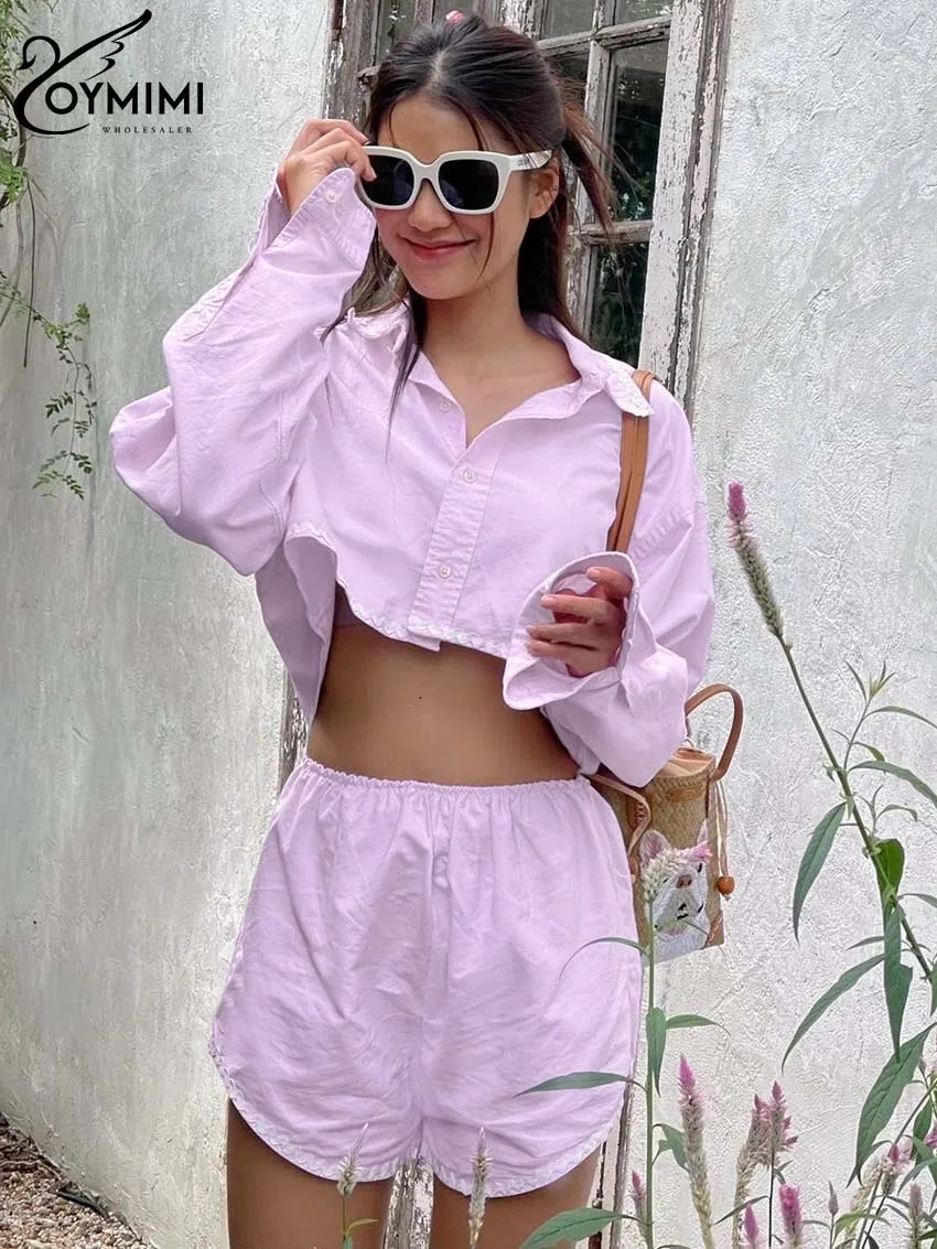 

Oymimi Fashion Pink Cotton 2 Piece Sets Women Outfit Casual Lapel Long Sleeve Button Crop Shirt And High Waist Simple Shorts Set