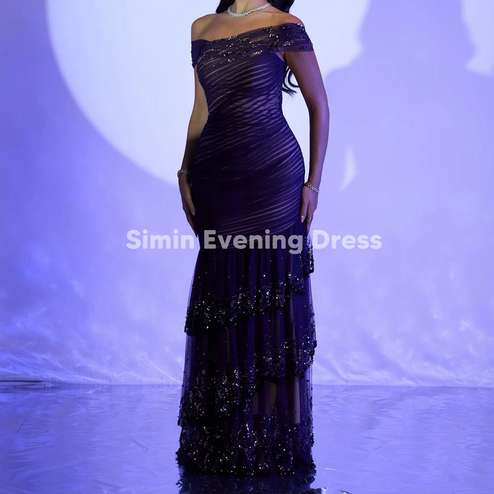 

Simin Women's Tulle Off-the-shoulder Pleats Beaded Mermaid Evening Dresses With Sparkly Lace Tierde Ruffles Elegant Dresses 2025