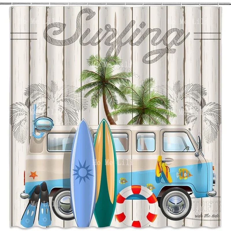 Summer Surf Patch Work Hawaii Vacation Tourist Bus Colorful Waterproof Shower Curtains Cool Stickers Art Bathroom Decor