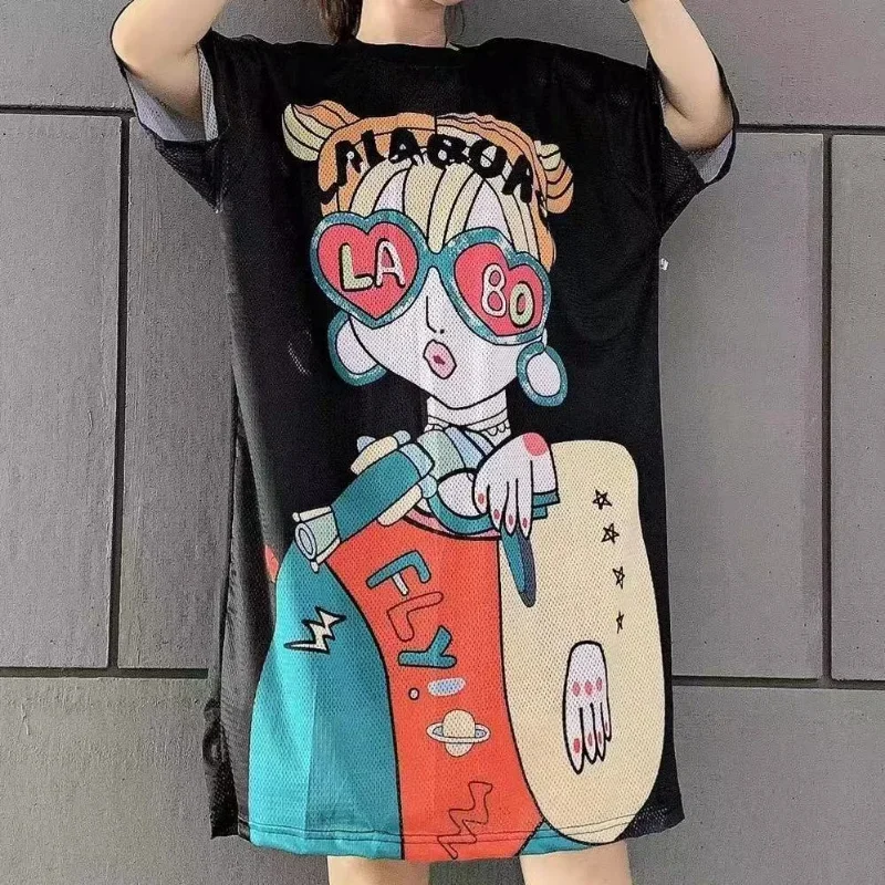 DAYIFUN Estate Maglia ad asciugatura rapida T-shirt Abito da donna Maniche corte Stampato Abiti da donna Allentati Harajuku Casual Prendisole da spiaggia