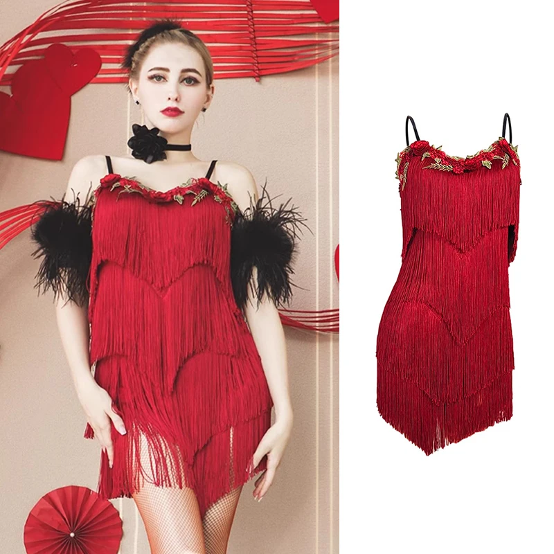 

Red Fringe Latin Dance Dress Adult Women Competition Costume ChaCha Samba Rumba Dancing Stage Performance Dresses VDB7879