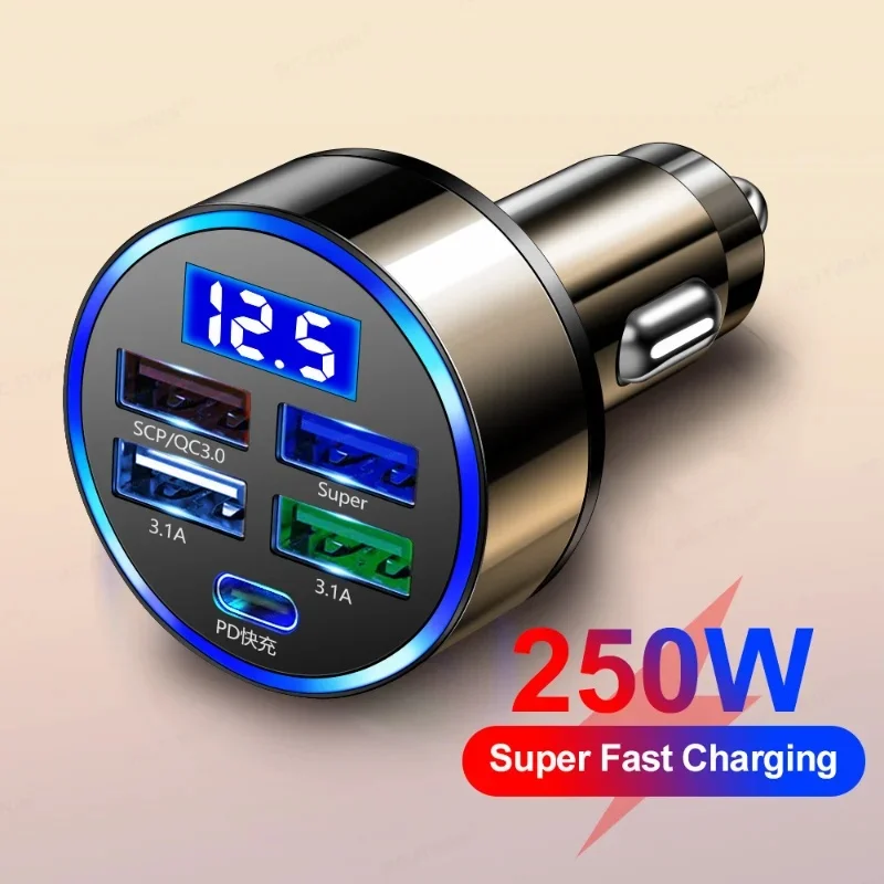 250 W PD QC3.0 Auto Ladegerät 5 Port Zigarette Leichter Splitter Schnelle Ladung Digital Display Für iPhone Samsung Xiaomi Huawei telefon