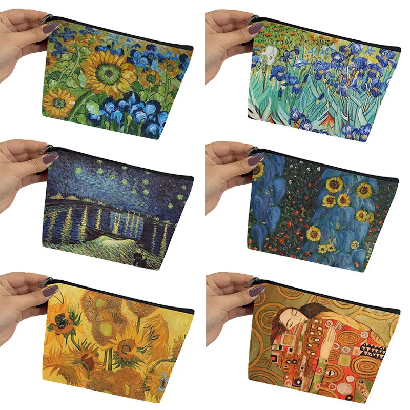 Gustav Klimt Oil Painting Print Home Storage Bags Van Gogh Starry Night Women Toiletry Kit Girls Cosmetic Cases for Travel Gift