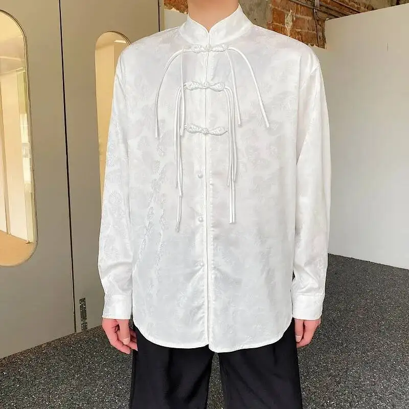 

Unisex Retro Satin Jacquard Shirt for Men Women, Chinese Mandarin Collar Frog Buttons Long Sleeve Casual Top Spring Autumn