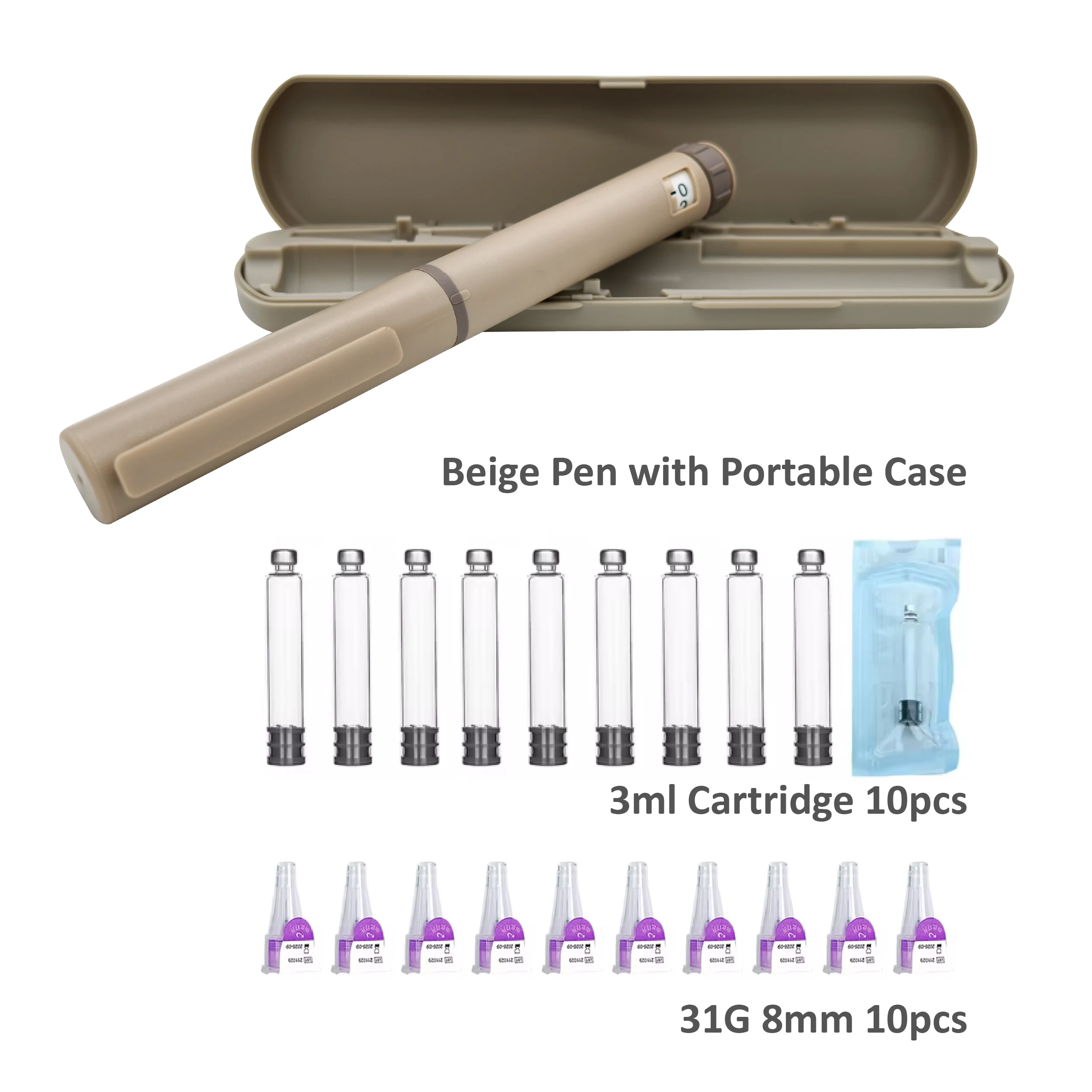 Hot Sale Set 3ml Colorful Reusable Insulin Plastic Syringe 60U Injection Peptide Pen 10pcs 32G 4mm/31G 8mm Tips 3ml Cartridges