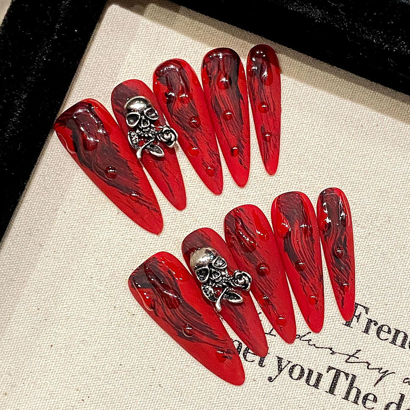 

Handmade Press On Nails Red Long Stiletto False Nails With Metal Ghost Designs Full Cover Wearable Manicure For Halloween