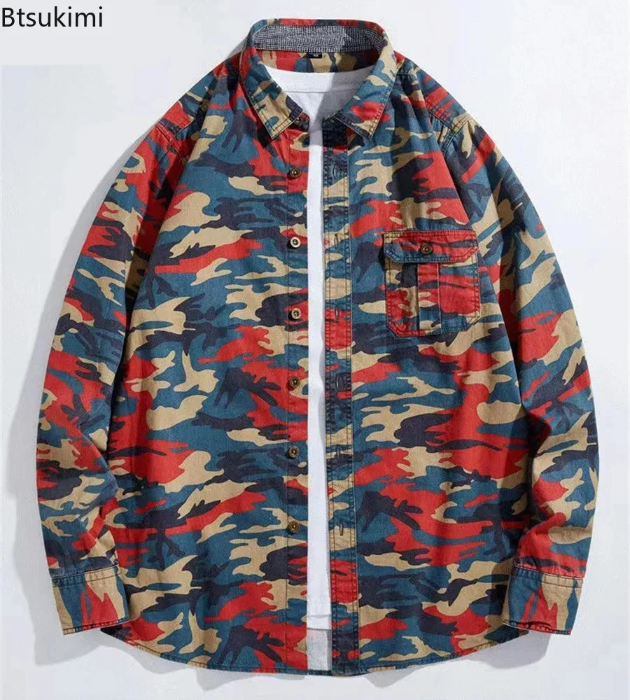 Camouflage Men Cotton Shirts Long Sleeve Printed Cowboy Shirt Jacket Men Casual Outdoor Climbing Tops Streetwear Cargo Clothing