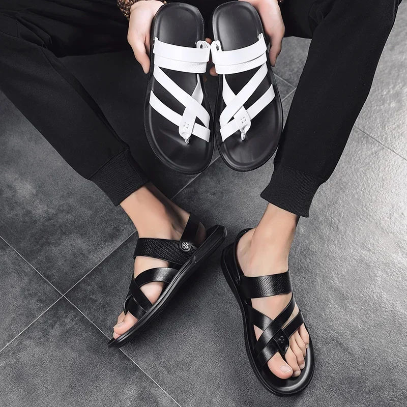 Outdoor Beach shoes men Flip Flops fashion breathable Summer Light genuine leather Casual Shoes Slides Black Sandal men