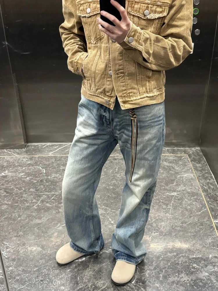 

Light Blue American High Street Straight Leg Men's Jeans Casual Loose BF Lazy Sle Spring Autumn Trendy Brand Jeans