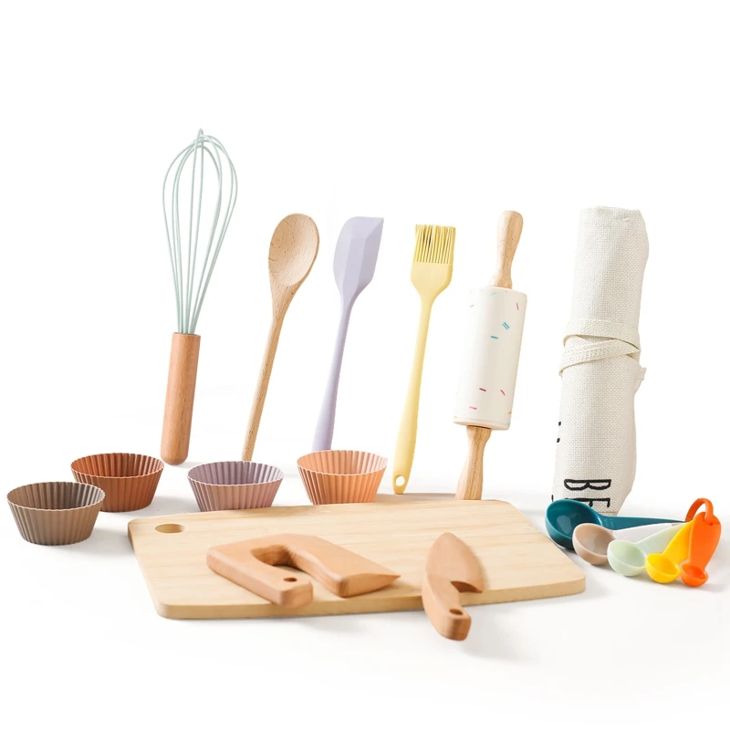 Utensilios de cocina de madera para bebé, modelo de rompecabezas, herramienta de corte de madera, espátula de silicona, juguetes educativos para niños, juguetes Montessori