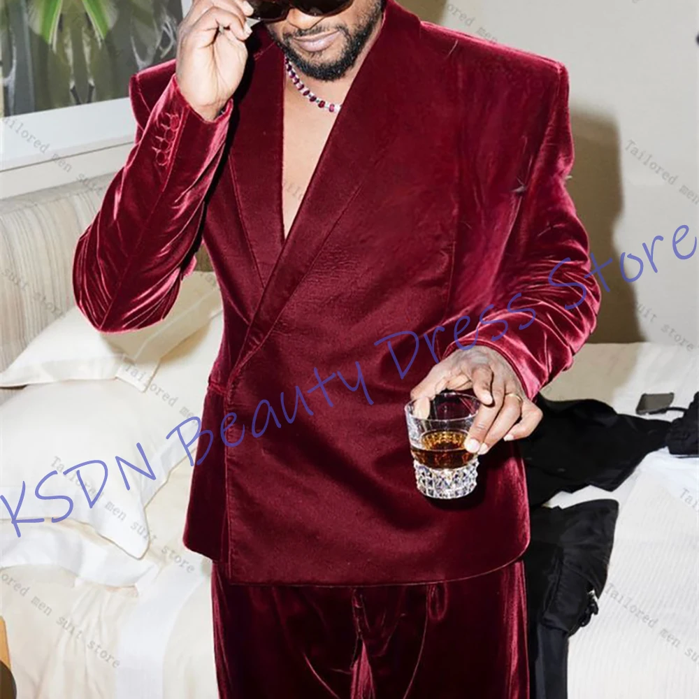 

Роскошные мужские бордовые бархатные костюмы из 2 предметов (куртка + брюки), вечерний пиджак + брюки, элегантная официальная мужская одежда