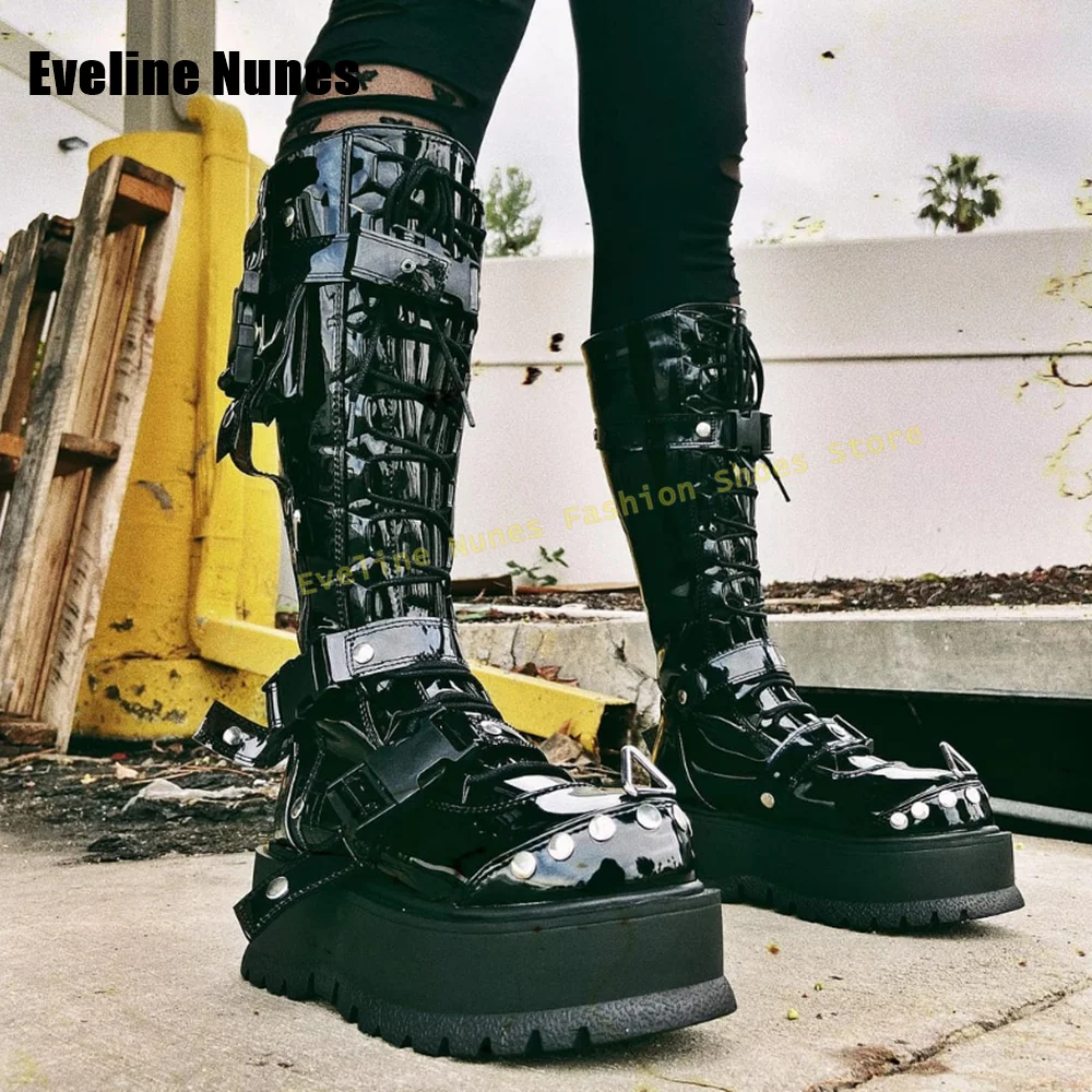 

Metal Decoration Pocket Punk Motorcycle Boots Round Toe Thick Sole Buckle Cross Tied Couple Knee High Boots Heavy Work Y2K 2026