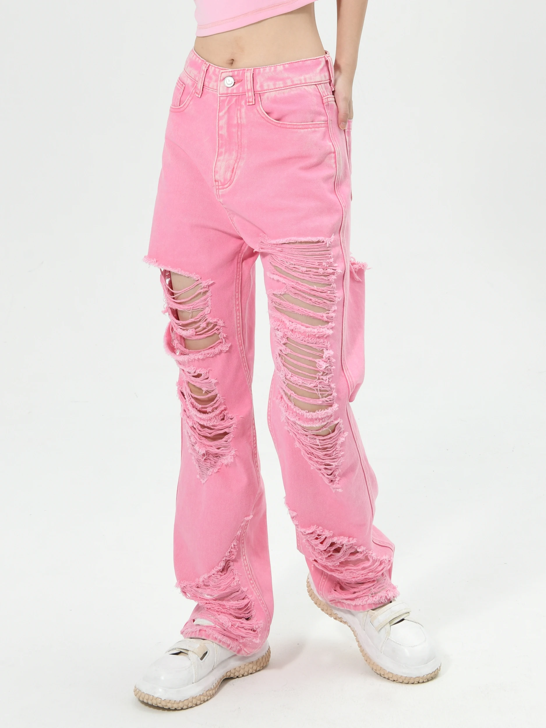 

Джинсы Iffify Pink Waed Vintage с дырками, женские, в стиле Spicy Girl, со средней посадкой, прямые, свободные, утягивающие, повседневные, хлопковые