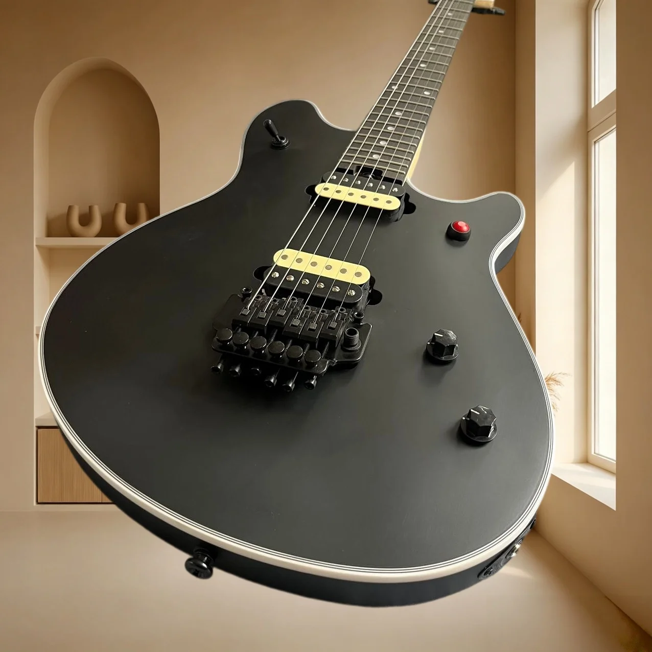 Matte Black TL Double Tremolo Electric Guitar Dual Yellow Humbuckers Red Switch Alder Body Shred Metal Hard Rock Stage Guitar