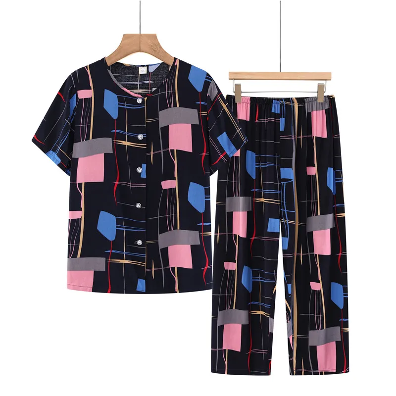 UHYTGF Women\'s Summer Two-Piece Set Printed Cotton Silk Thin Home Clothes Middle-Aged Elderly Loose Big Size Tracksuit Suit 2426