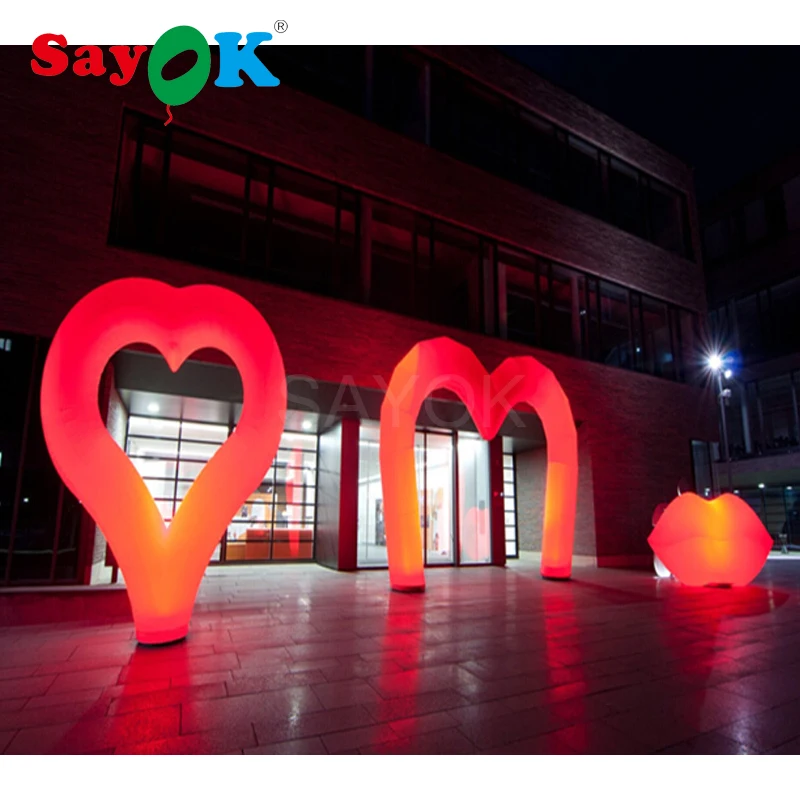 2mh Inflatable Red Heart 4x3m Inflatable Arch 1.5mh Inflatable Red Lip For Valentines' Day Wedding Ground Event Decoration