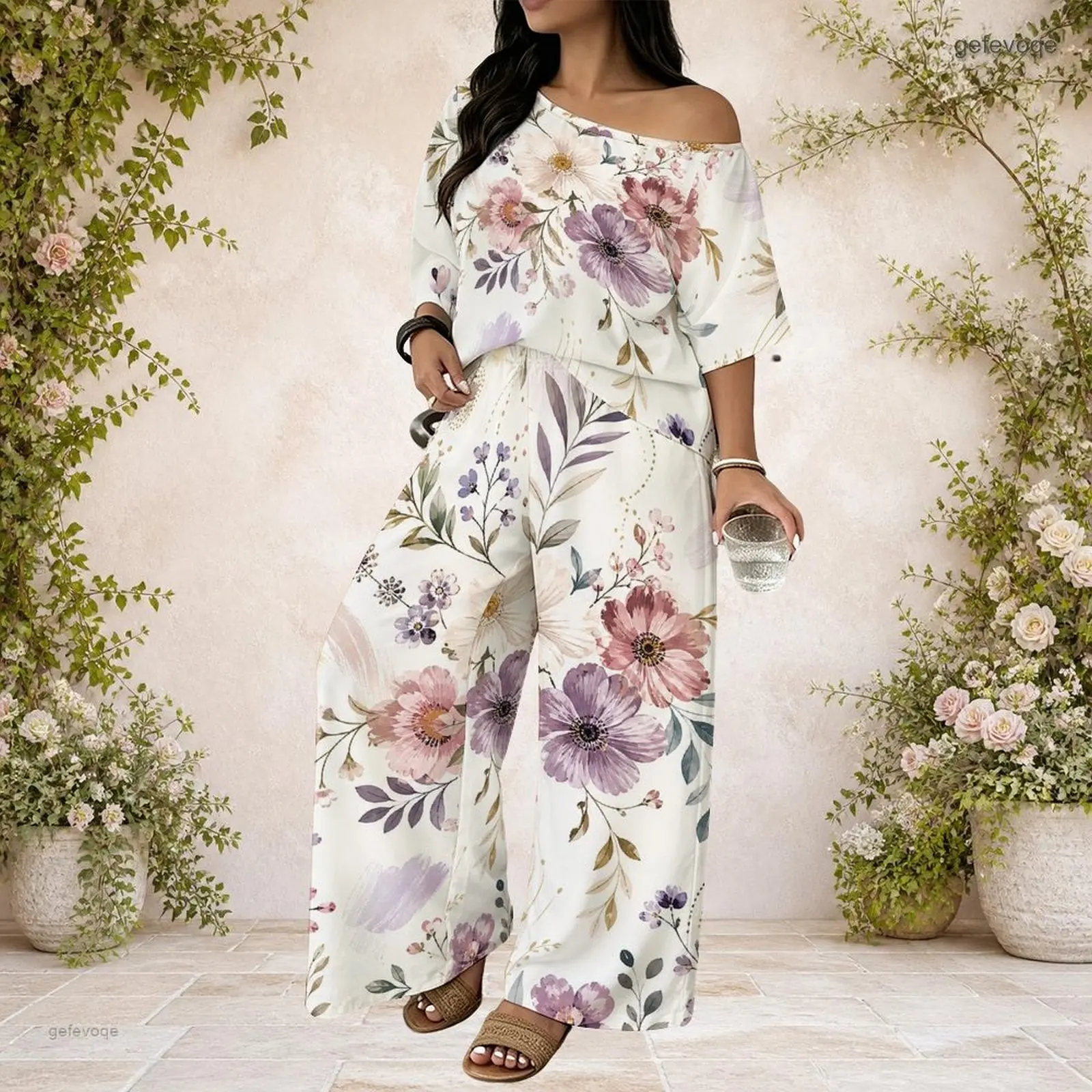 Wide Neck Batwing Sleeve Top Wide Leg Pants Two Piece Printed Pants Set for Women