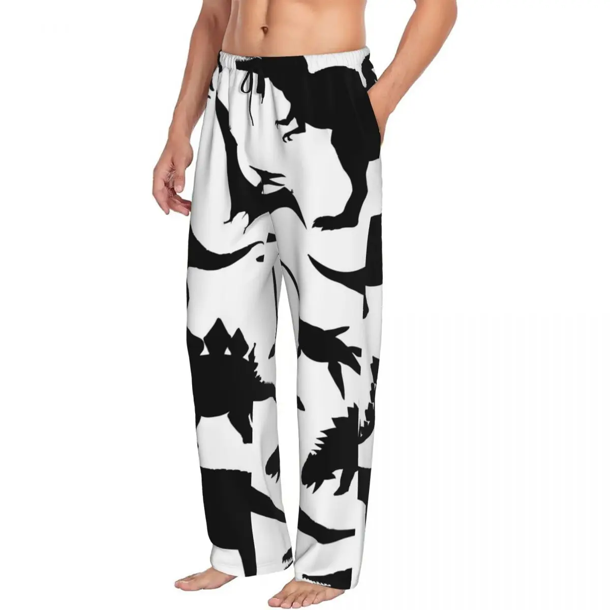 Custom Printed Men's Pajama Pants Black Dinosaur Silhouettes Sleepwear Sleep Lounge Bottoms with Pockets