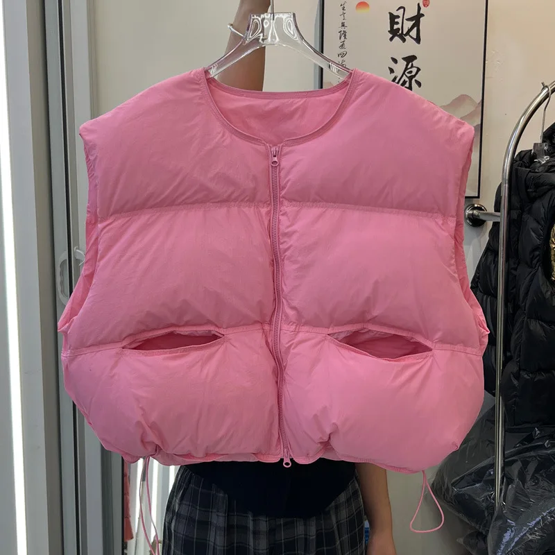 Women's Winter Top Coat Vest Down Jacket White Duck Down Round Neck Short Warm Thickened Retro Simple Comfortable Casual Niche