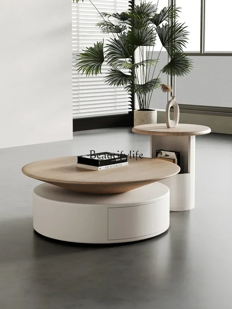 

01 Log color round coffee table small apartment wabi-sabi wind modern simple living room coffee table combination