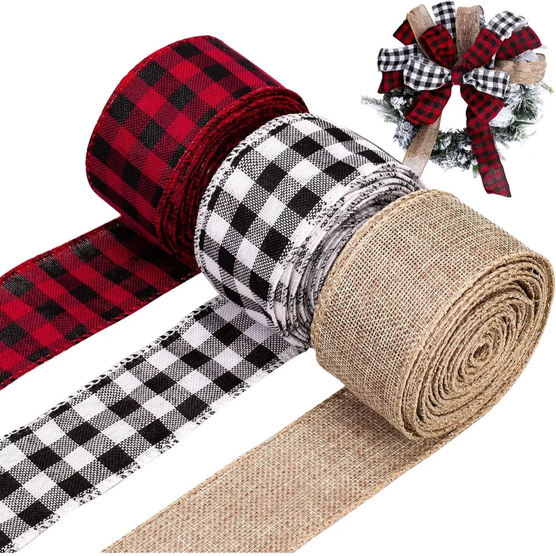 Wired Edge Ribbons 6m Black Red Plaid Black White Buffalo Plaid Burlap Craft Diy Gift Wrapping Christmas Fall Crafts Decoration