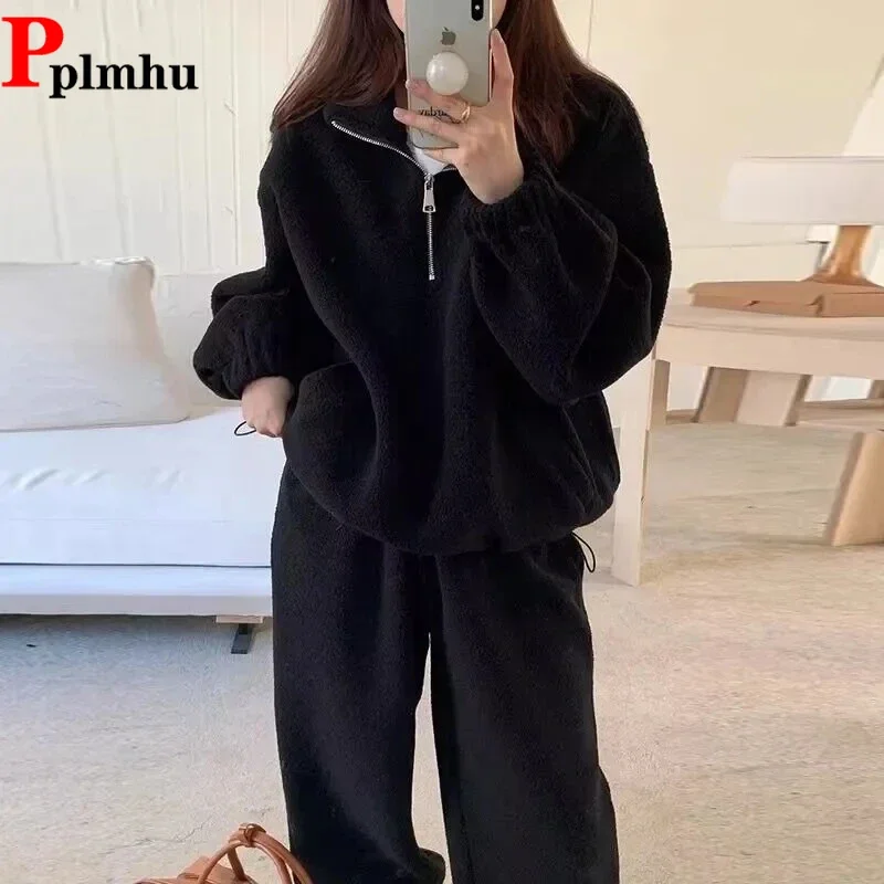 

Теплый спортивный костюм из овечьей шерсти, комплекты из двух предметов, новый белый женский плюшевый свитшот, повседневный утепленный бархатный мешковатый ансамбль для бега