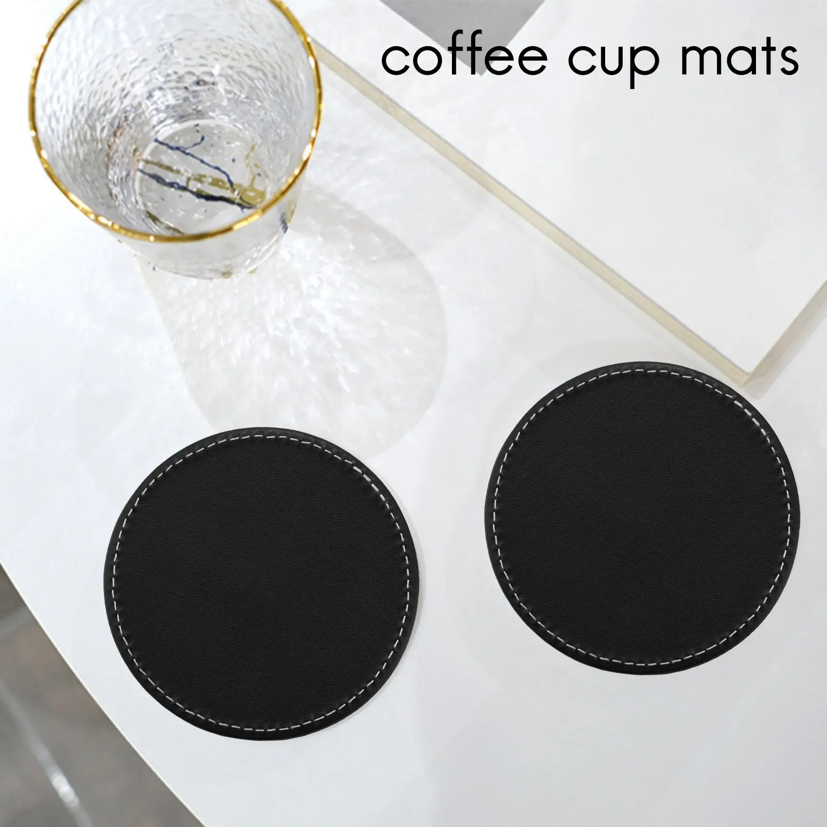 BAAE Set of 12 Leather Drink Coasters Round Cup Mat Pad for Home and Kitchen Use Black