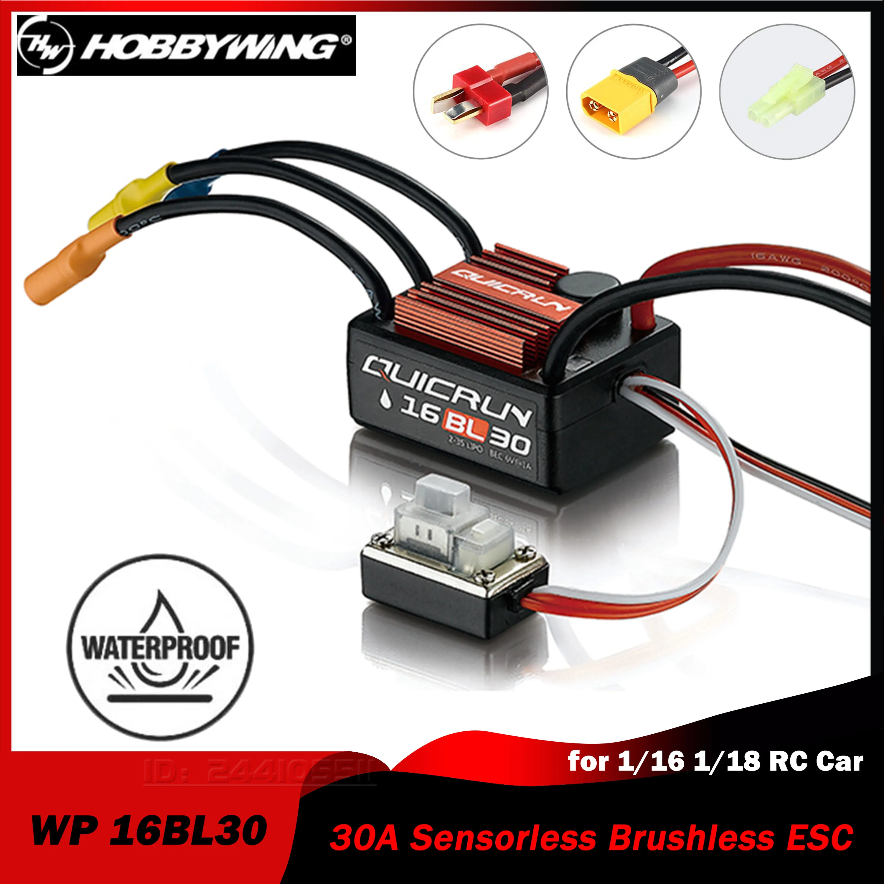 

HOBBYWING QuicRun WP 16BL30 30A Waterproof Sensorless Brushless ESC T/XT60/Tamiya for 1/16 1/18 Touring Car Buggy Truck Monster